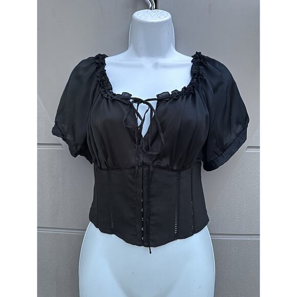 Bebe Black Silk Linen Corset Top Off The Shoulder Y2K Milkmaid Coquette Sz 4 - Picture 5 of 15